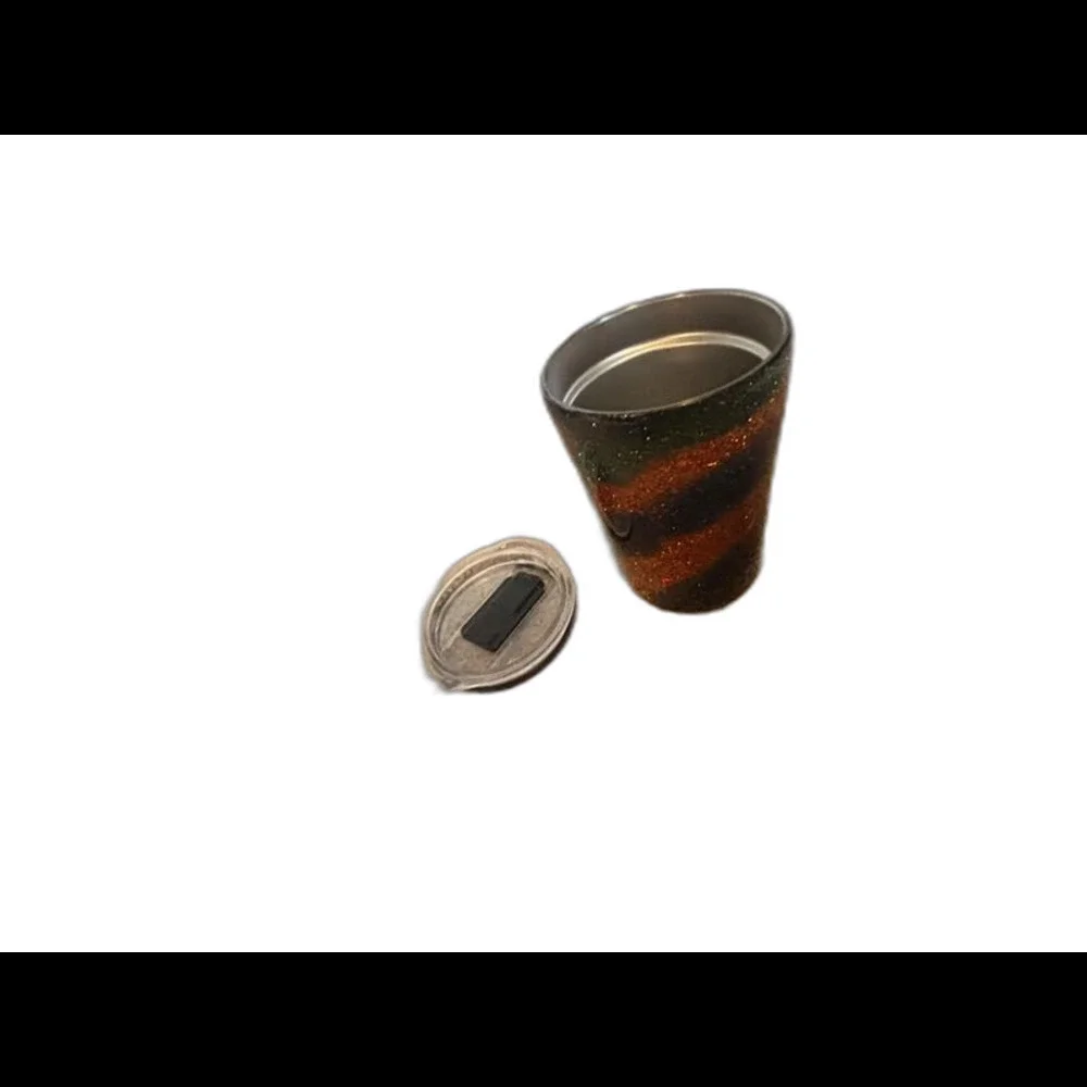 Handmade Glitter Stainless Steel Tumbler Cup Orange Black Swirl Lid